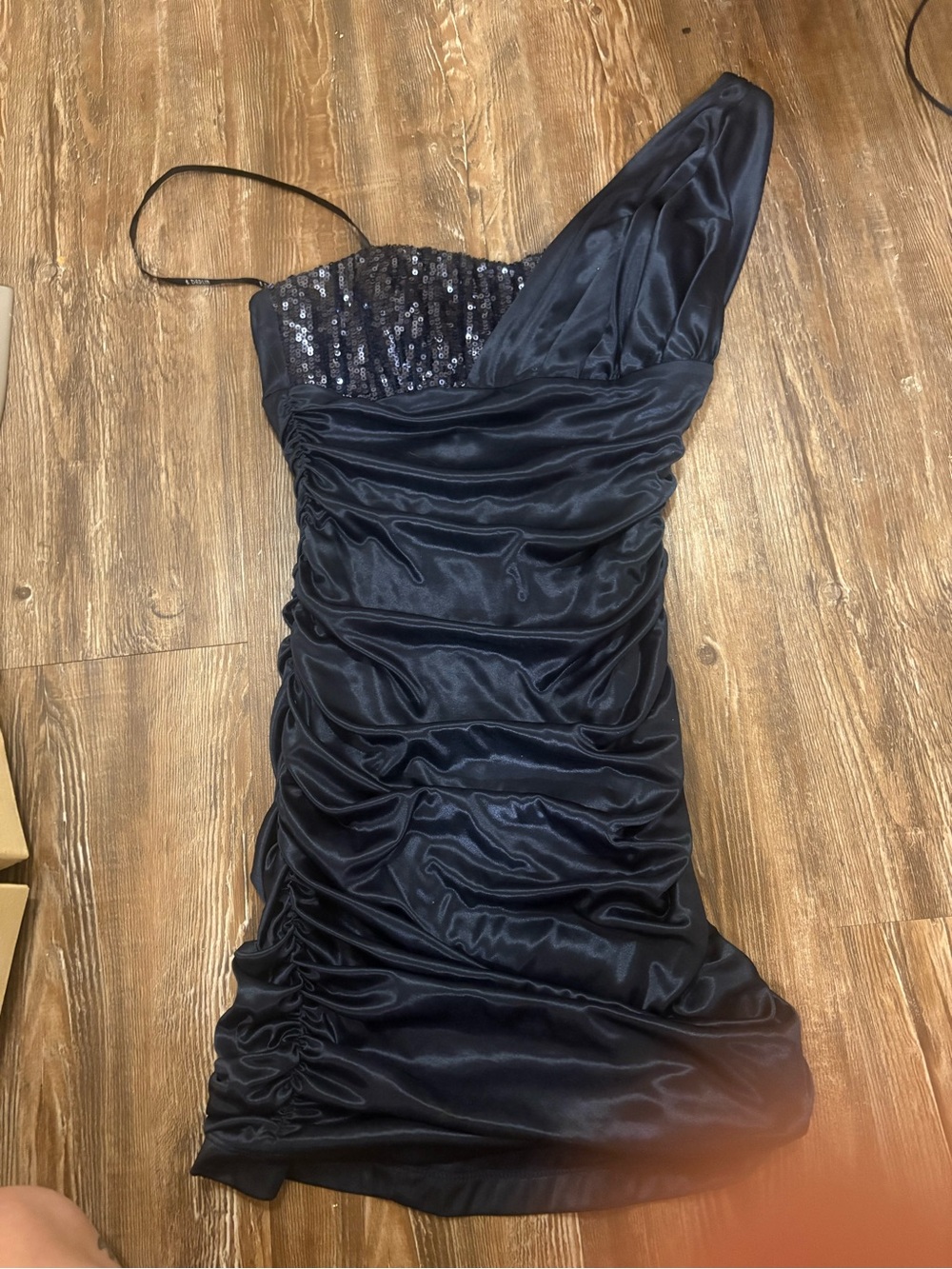B Darlin Navy One-Shoulder Ruched Cocktail Dress with Sequin Bodice
